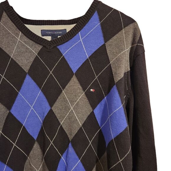 Vintage Tommy Hilfiger Argyle Pullover Men's V-Neck Sweater Large - Picture 2 of 6